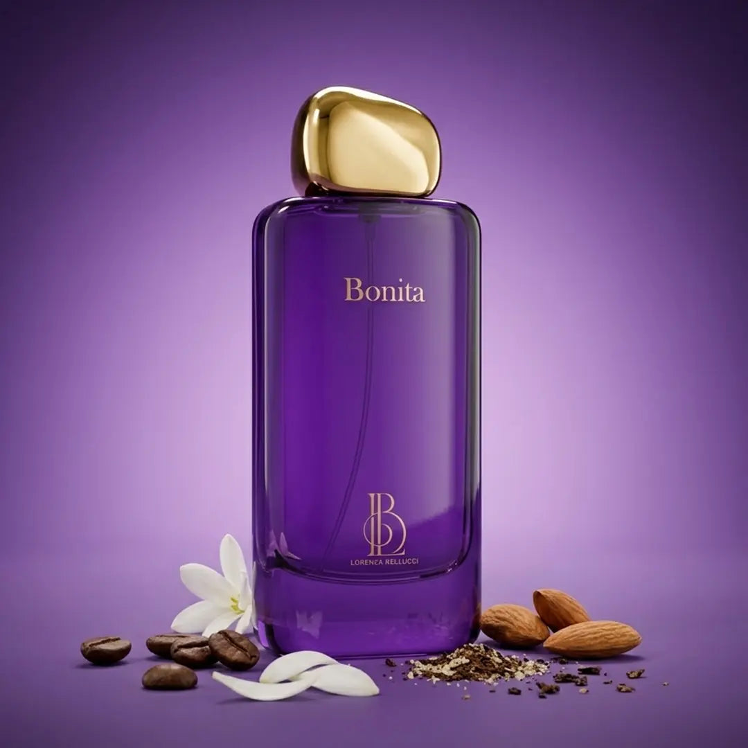Lorenza Bellucci Bonita perfume with roasted coffee beans, white tuberose, ground coffee and almond on a rich violet purple background