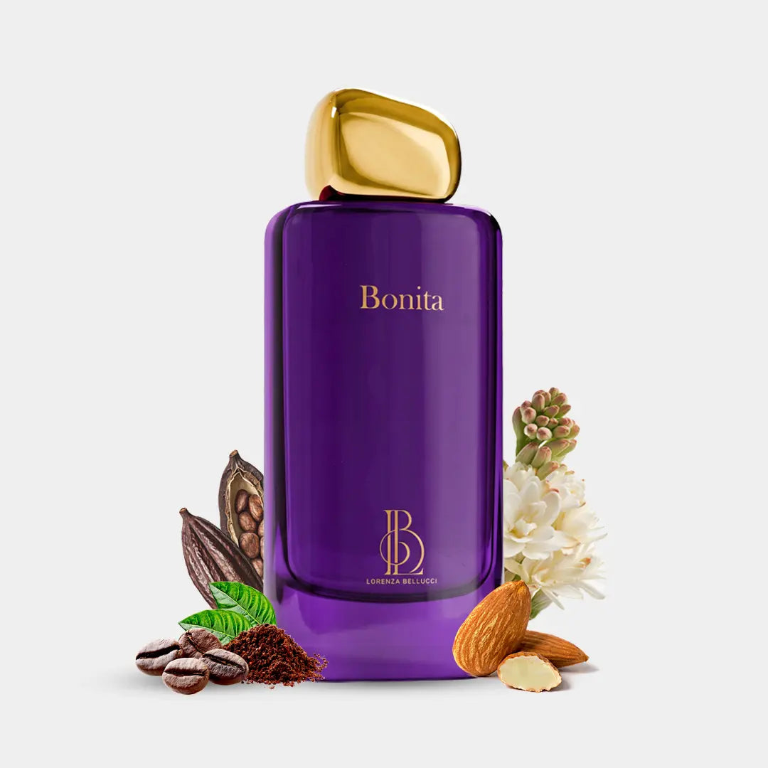 Lorenza Bellucci Bonita perfume with hyacinth, coffee, cardamom and almond, purple bottle gold cap luxury UAE
