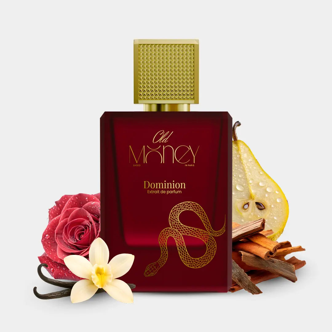 Old Money Dominion Extrait de Parfum with pear, rose, cinnamon, vanilla and oud, deep red gold bottle Dubai