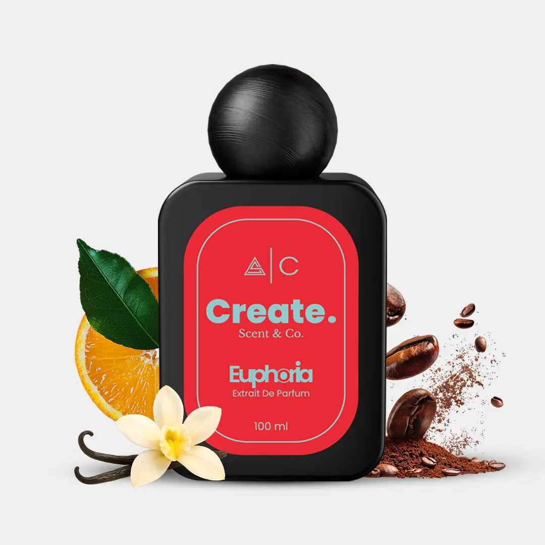 Create. Scent & Co. Euphoria Extrait De Parfum 100ml with orange, vanilla and coffee notes, red label bottle