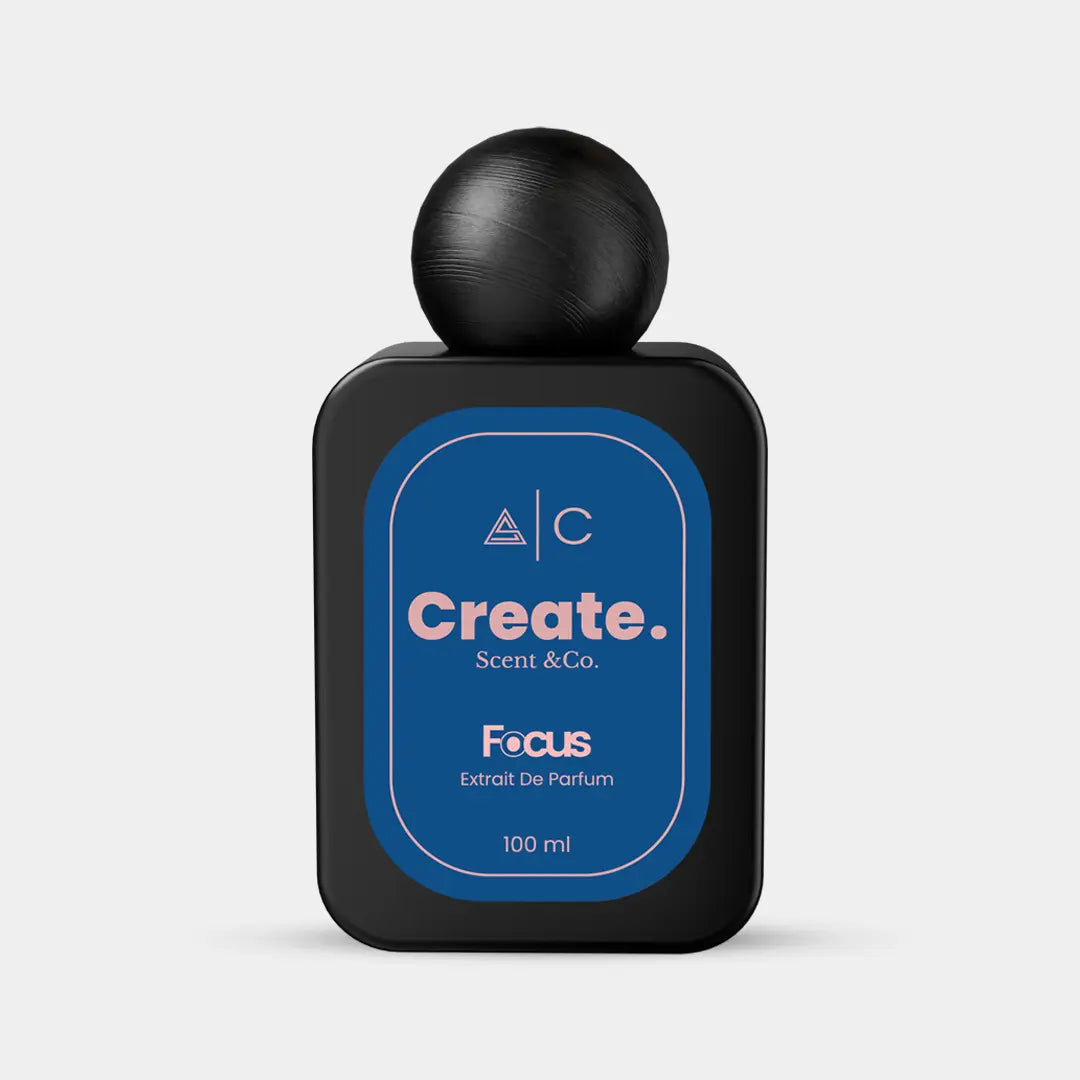 Focus Extrait De Parfum 100ml by Create. Scent & Co., navy blue label black bottle, fresh citrus fragrance Dubai