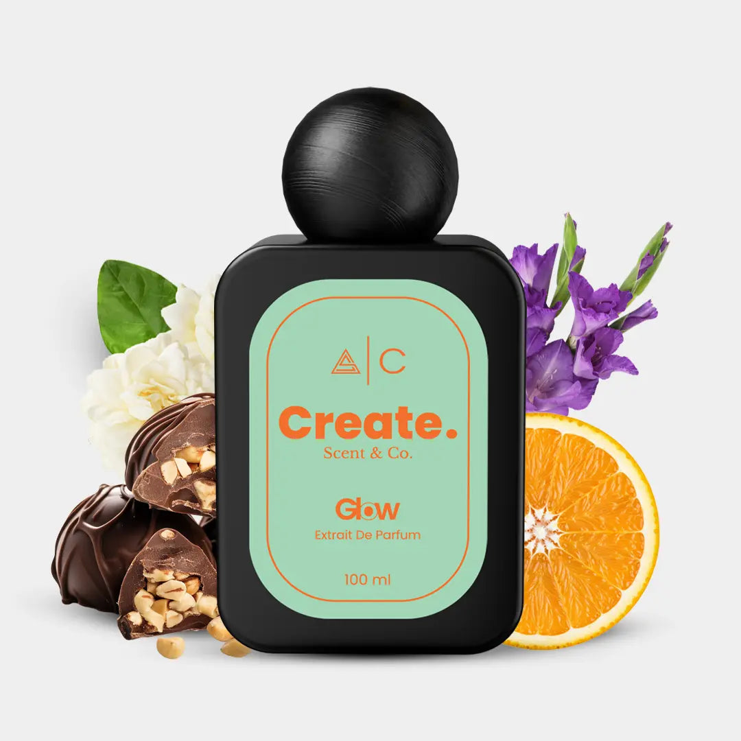 Create. Scent & Co. Glow Extrait De Parfum with dark chocolate, orange, jasmine and iris, mint green label 100ml