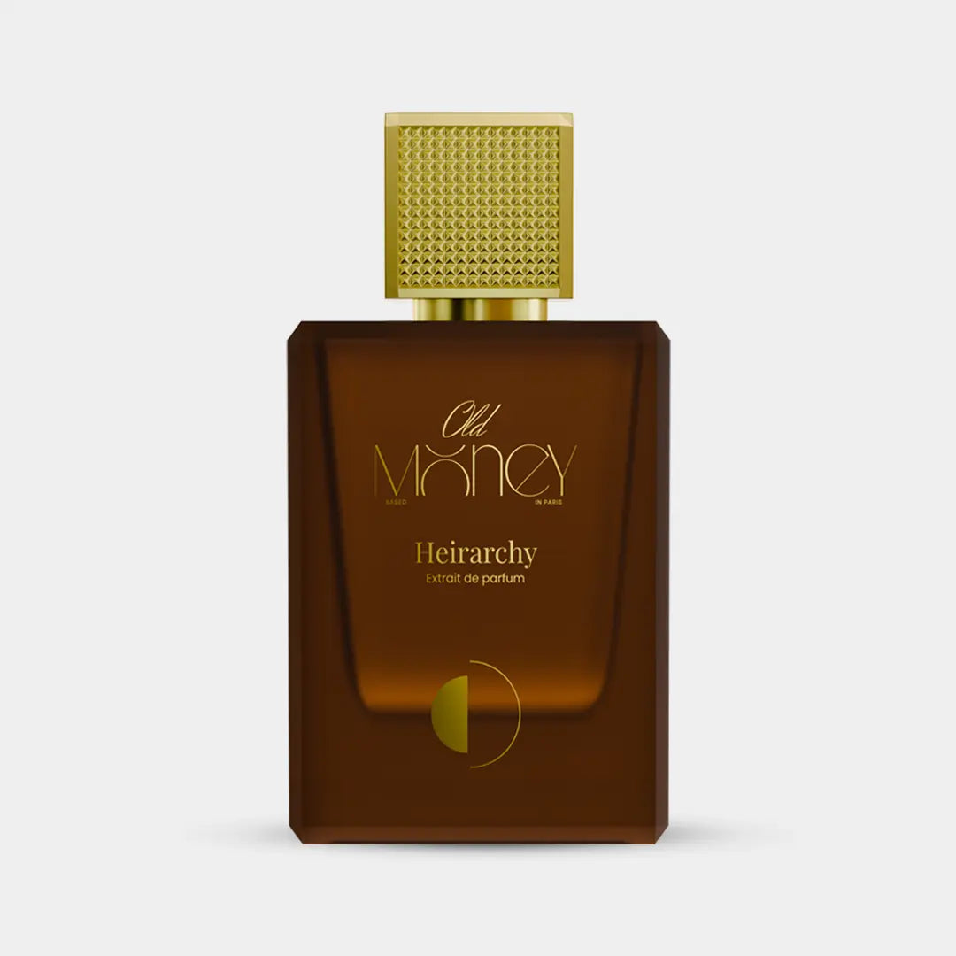 Old Money Heirarchy Extrait de Parfum, rich amber brown bottle with gold textured cap, oriental men's perfume UAE