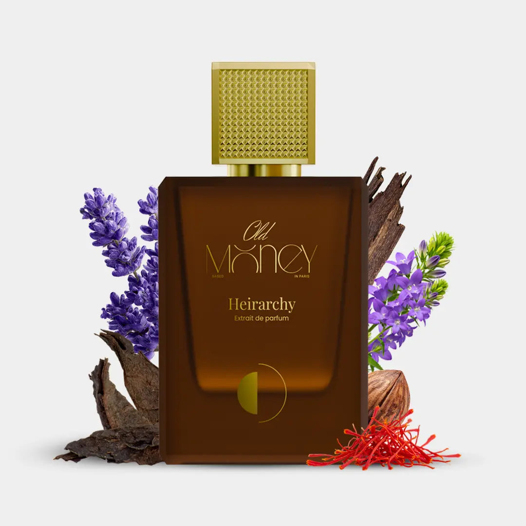Old Money Heirarchy Extrait de Parfum with lavender, saffron, oud, nutmeg and violet, amber brown bottle Dubai