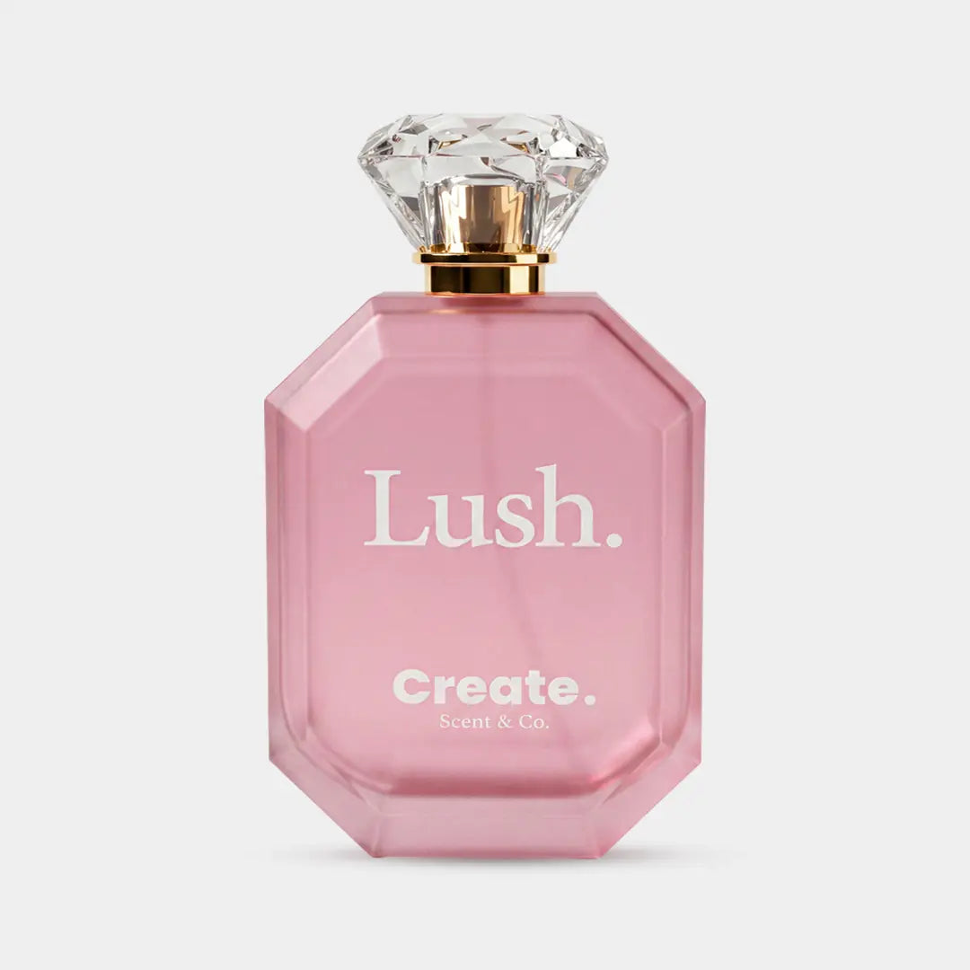 Lush by Create. Scent & Co., blush pink faceted bottle with crystal diamond cap, sweet fruity women's perfume UAE