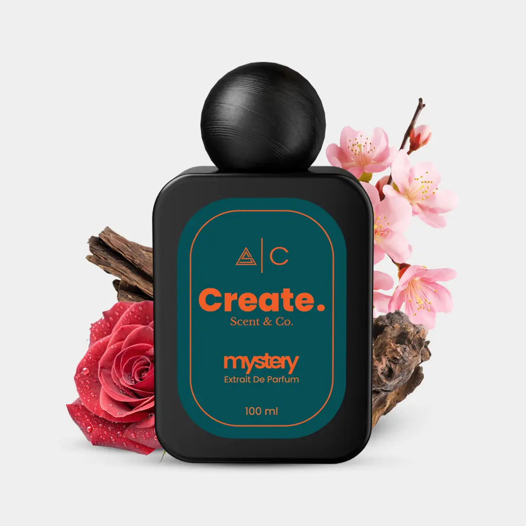 Create. Scent & Co. Mystery Extrait De Parfum 100ml with red rose, cherry blossom and oud, teal label bottle