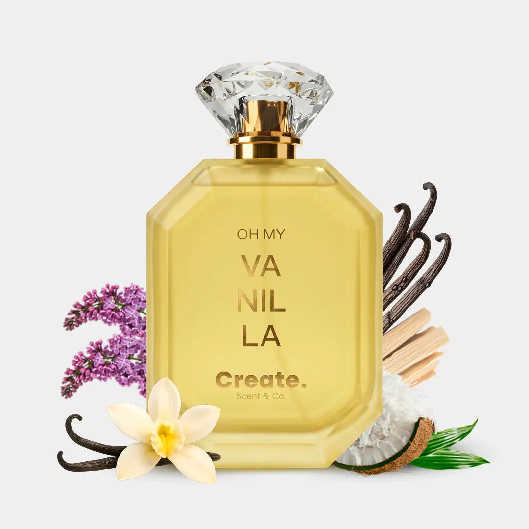 Create. Scent & Co. Oh My Vanilla perfume yellow bottle with vanilla, lilac, coconut and sandalwood notes, diamond cap