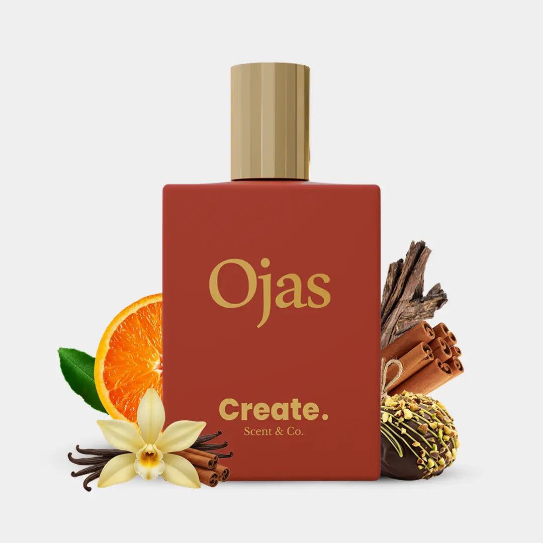 Create. Scent & Co. Ojas perfume terracotta bottle with orange, vanilla, cinnamon, oud and chocolate notes