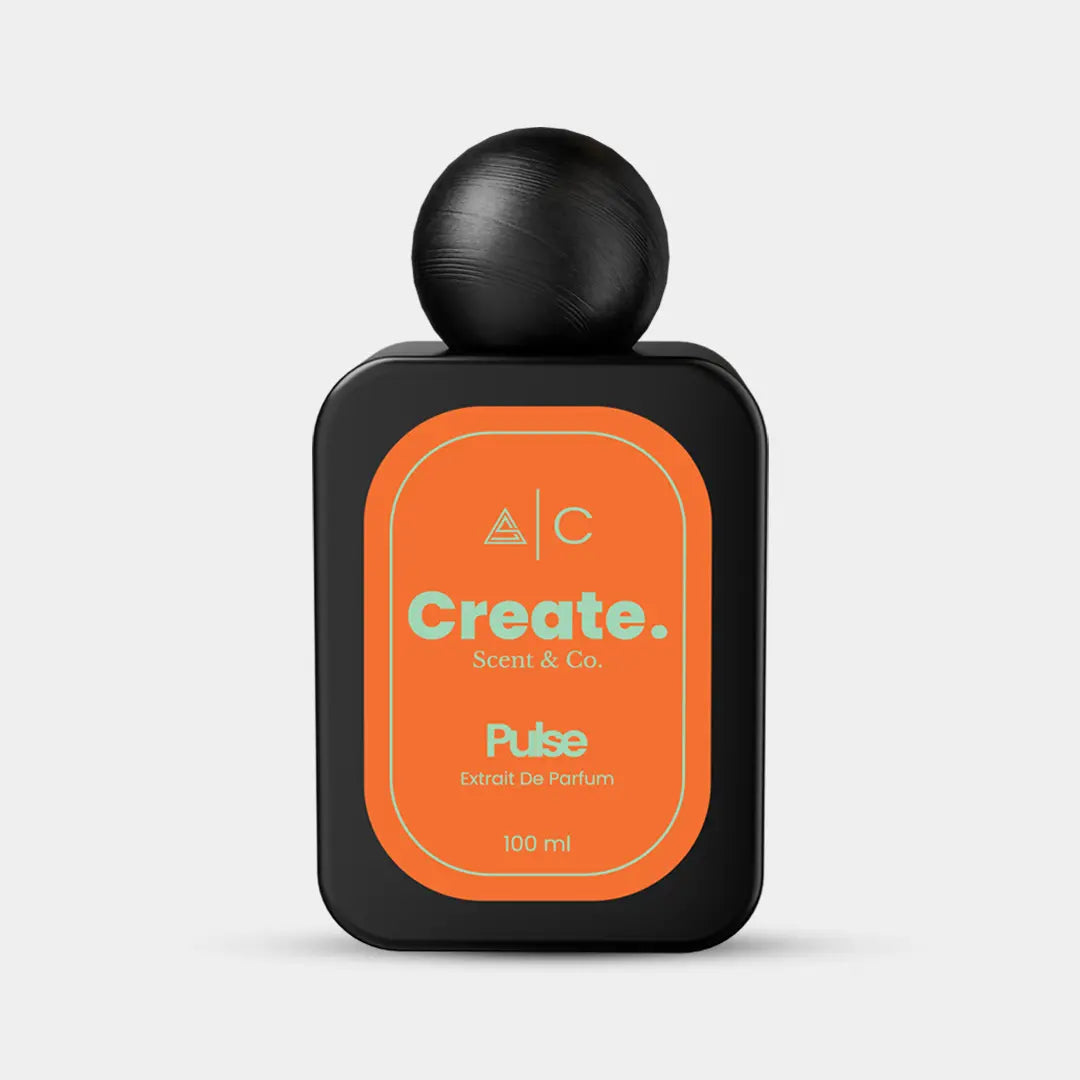Pulse Extrait De Parfum 100ml by Create. Scent & Co., vibrant orange label black bottle, woody floral UAE perfume