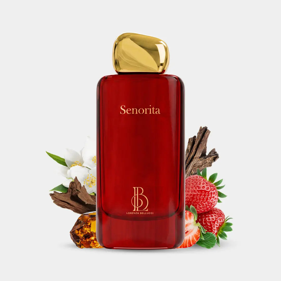 Lorenza Bellucci Senorita perfume with jasmine, strawberry, amber and oud, ruby red bottle gold cap Dubai UAE
