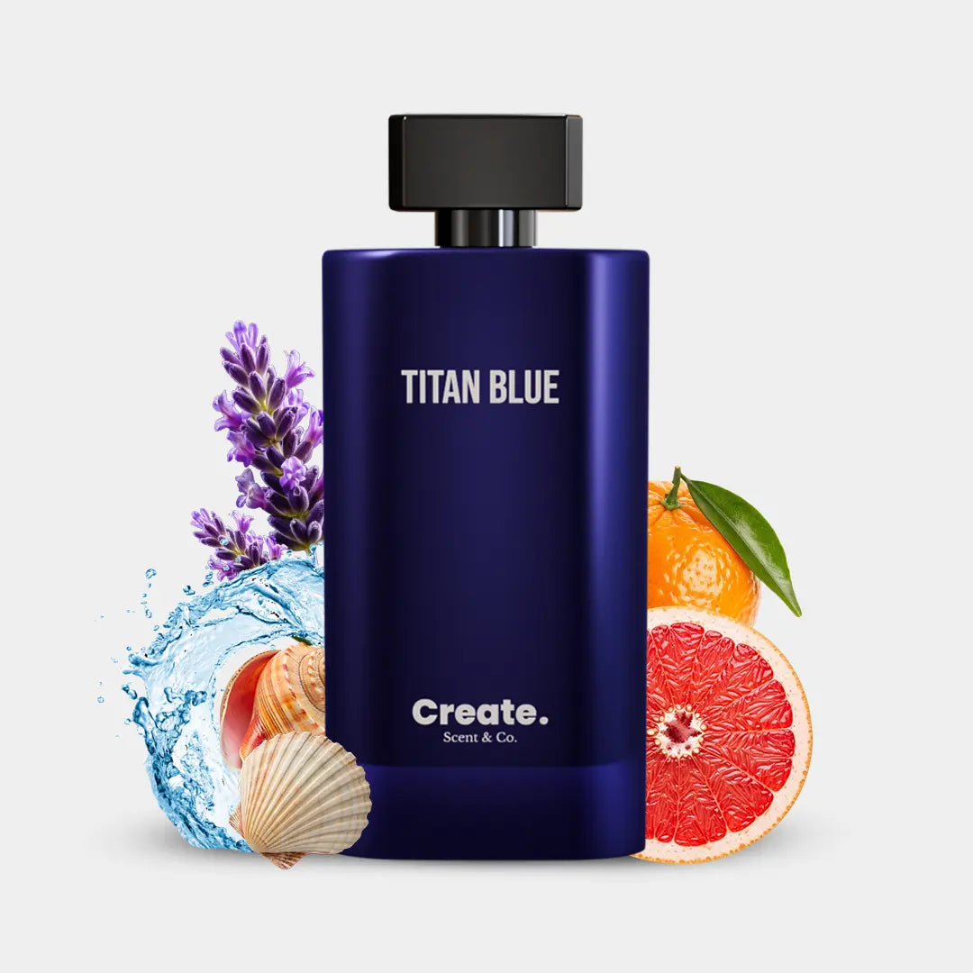 Create. Scent & Co. Titan Blue cologne with lavender, grapefruit, mandarin and ocean notes, deep blue bottle UAE