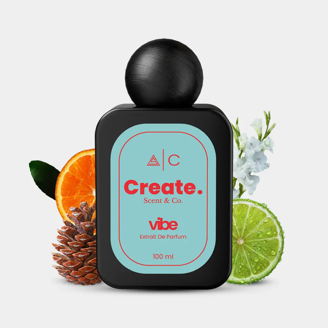 Create. Scent & Co. Vibe Extrait De Parfum 100ml with orange, lime, tuberose and pine, teal label black bottle