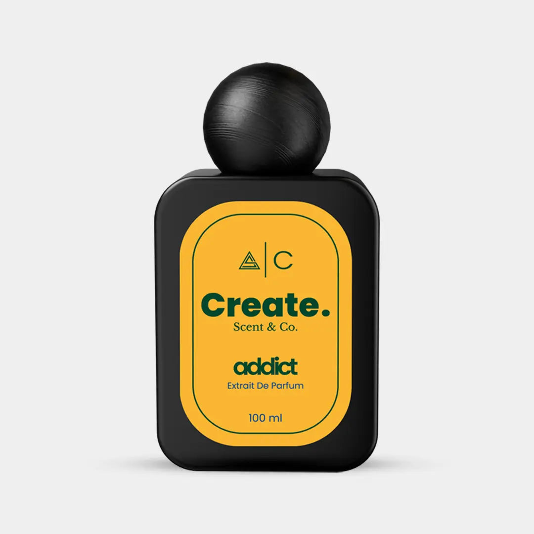Addict Extrait De Parfum 100ml by Create. Scent & Co., black bottle with amber label, luxury UAE fragrance