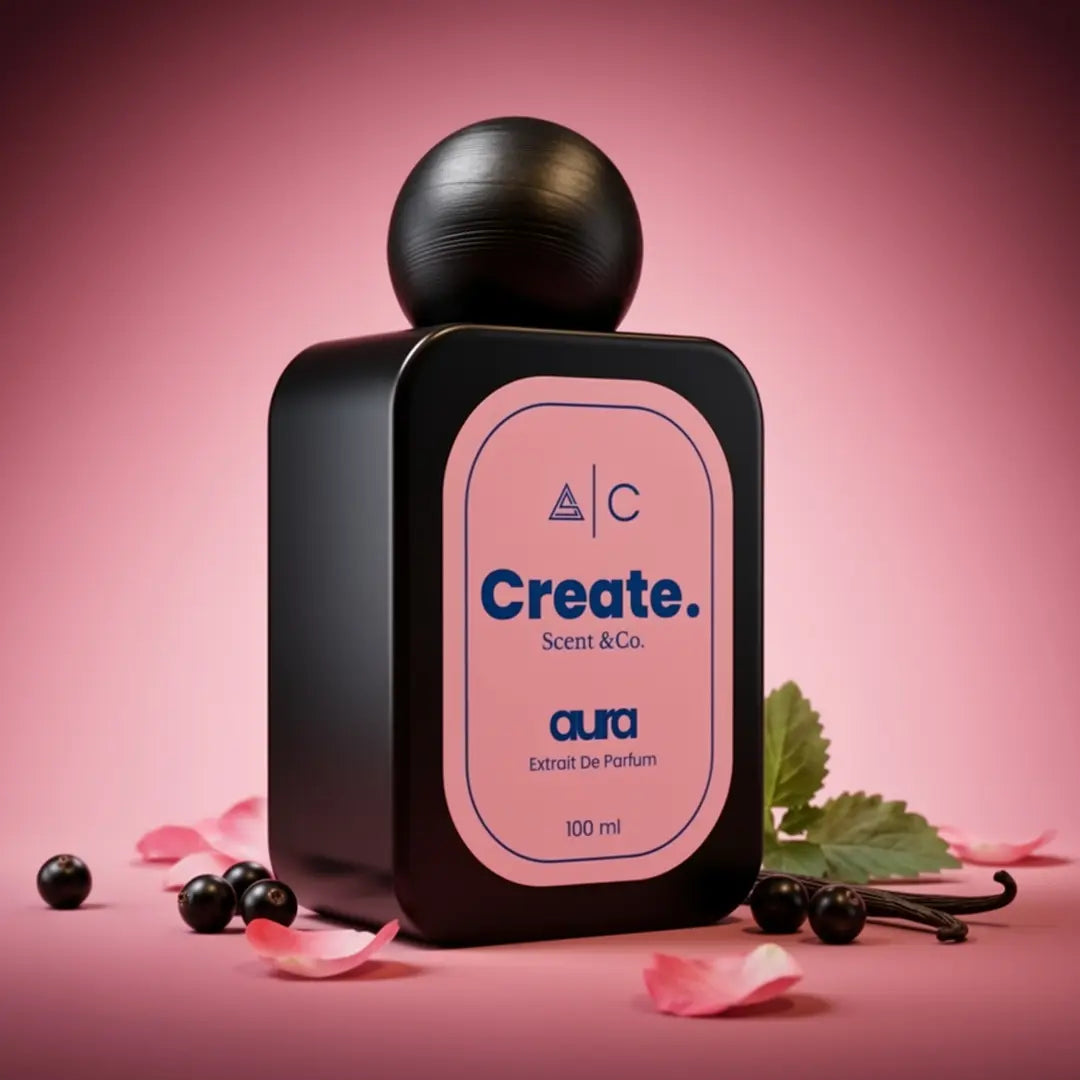 Create. Scent & Co. Aura Extrait De Parfum 100ml with scattered blackcurrant berries, rose petals and vanilla pods on a soft blush pink background