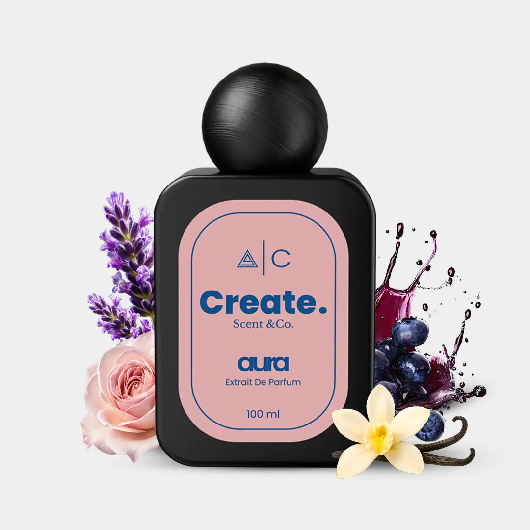 Create. Scent & Co. Aura Extrait De Parfum with rose, lavender, blueberry and vanilla, pink label 100ml bottle
