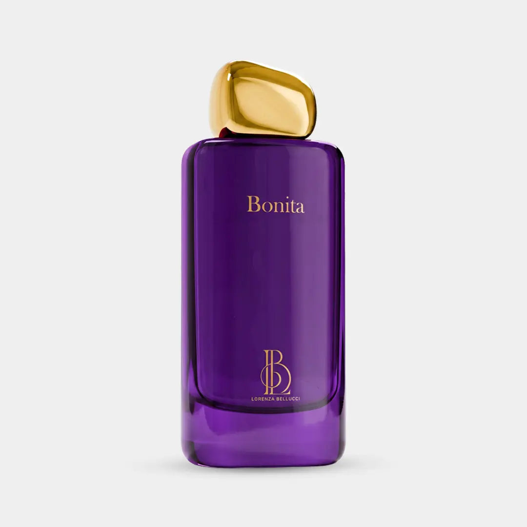 Lorenza Bellucci Bonita, glossy violet purple bottle with rounded gold cap, premium women's fragrance Dubai
