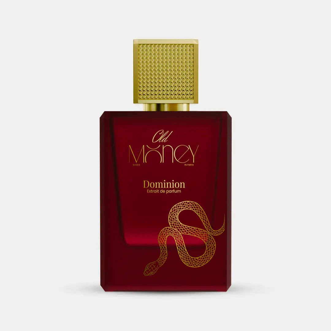 Old Money Dominion Extrait de Parfum, crimson red bottle with gold snake motif and textured cap, luxury UAE fragrance