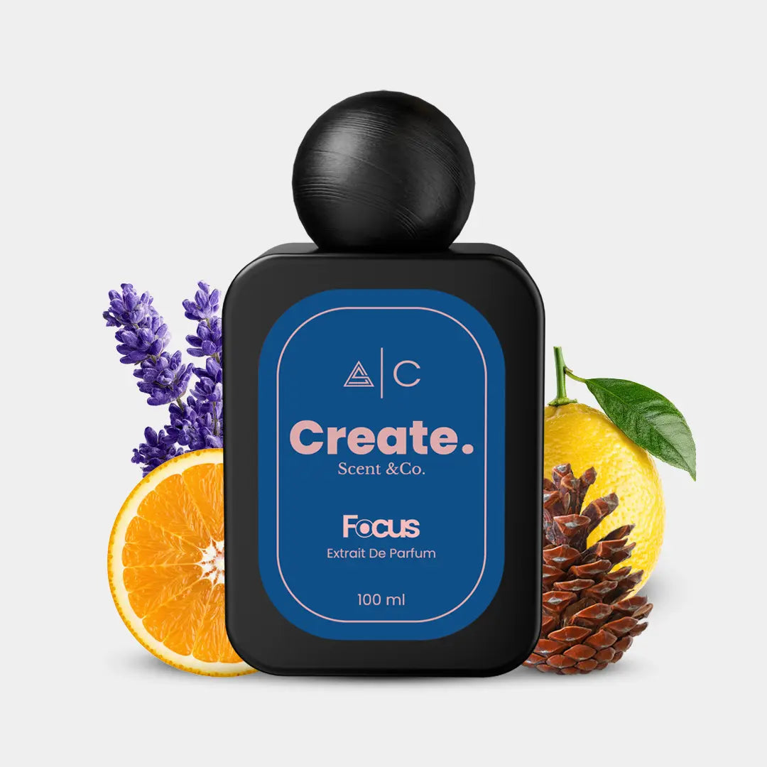 Create. Scent & Co. Focus Extrait De Parfum 100ml with orange, lemon, lavender and pine cone, blue label bottle