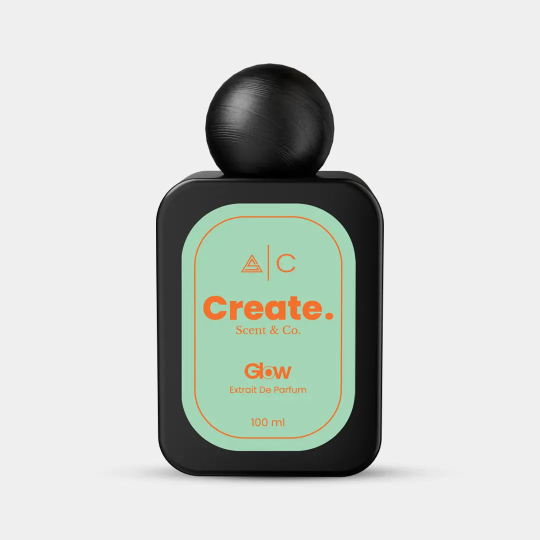 Glow Extrait De Parfum 100ml by Create. Scent & Co., sage green label black bottle, gourmand perfume UAE