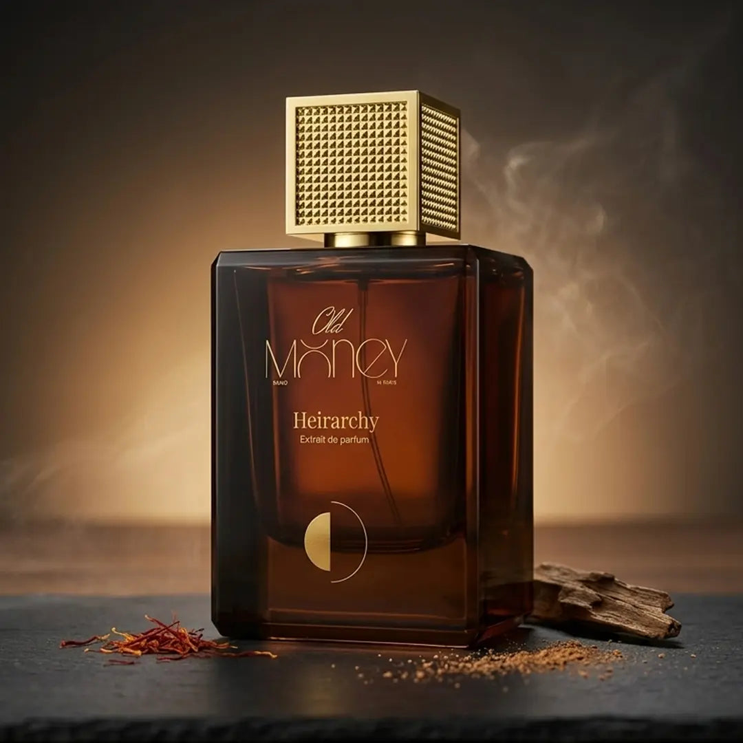 Old Money Heirarchy Extrait de Parfum with saffron threads, oud wood and rising smoke wisps on a warm dark tobacco brown background