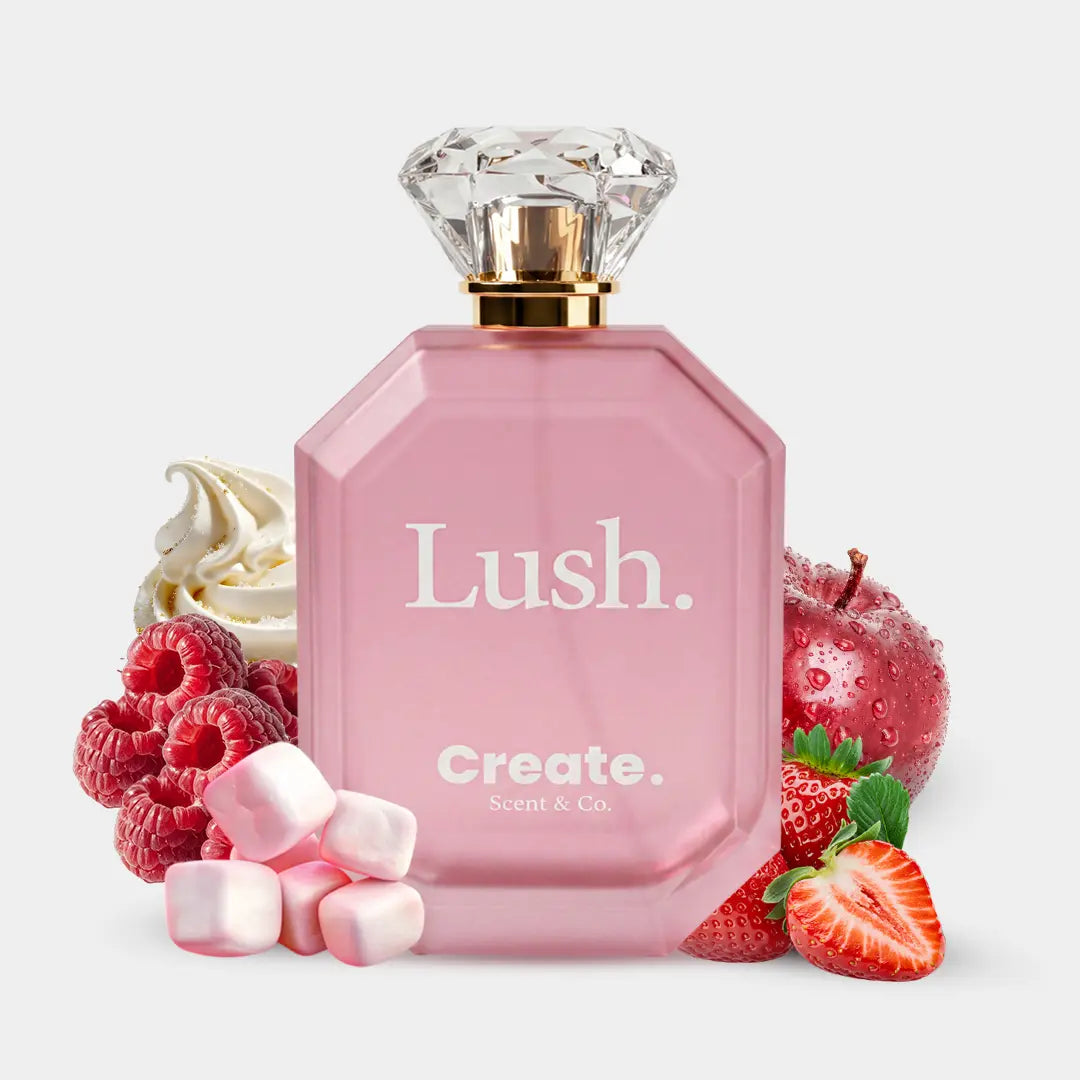 Create. Scent & Co. Lush perfume pink bottle with raspberry, strawberry, apple, cream and marshmallow notes, diamond cap