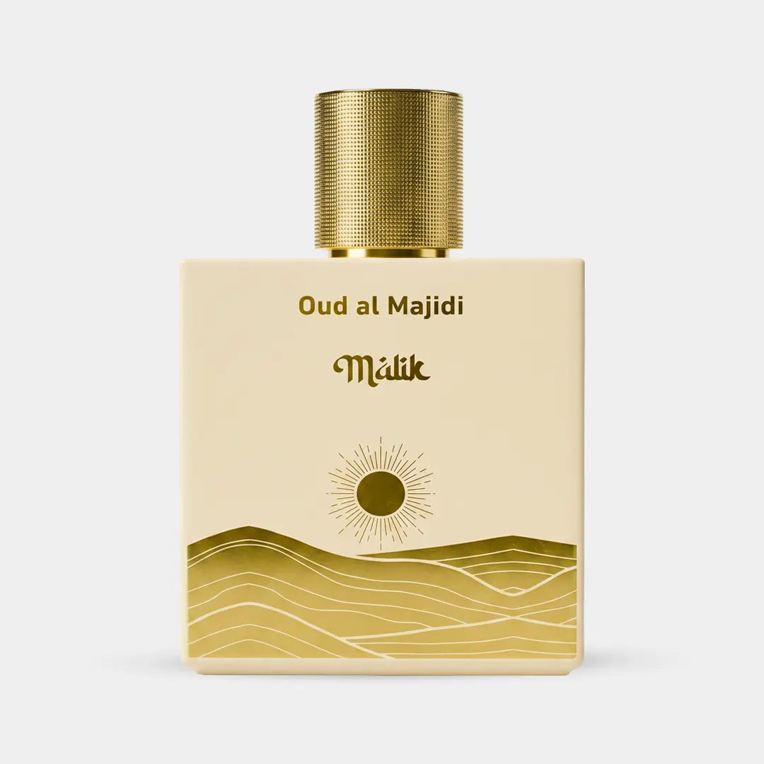 Malik Oud al Majidi, cream square bottle with gold desert dunes motif and knurled cap, Arabic oud perfume UAE