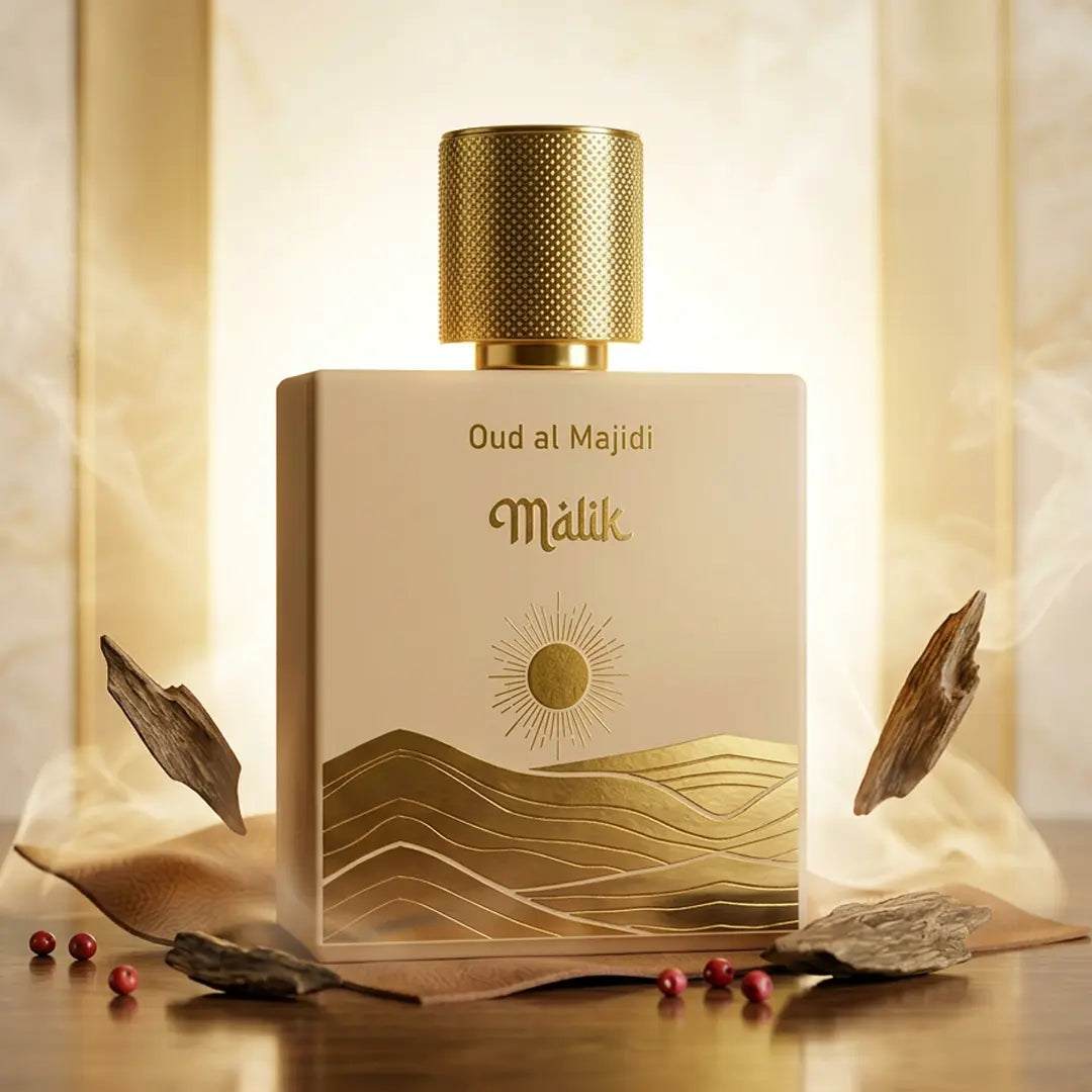 Malik Oud al Majidi Arabic perfume with oud wood pieces, pink peppercorns and smoke wisps on a warm golden sand and light background