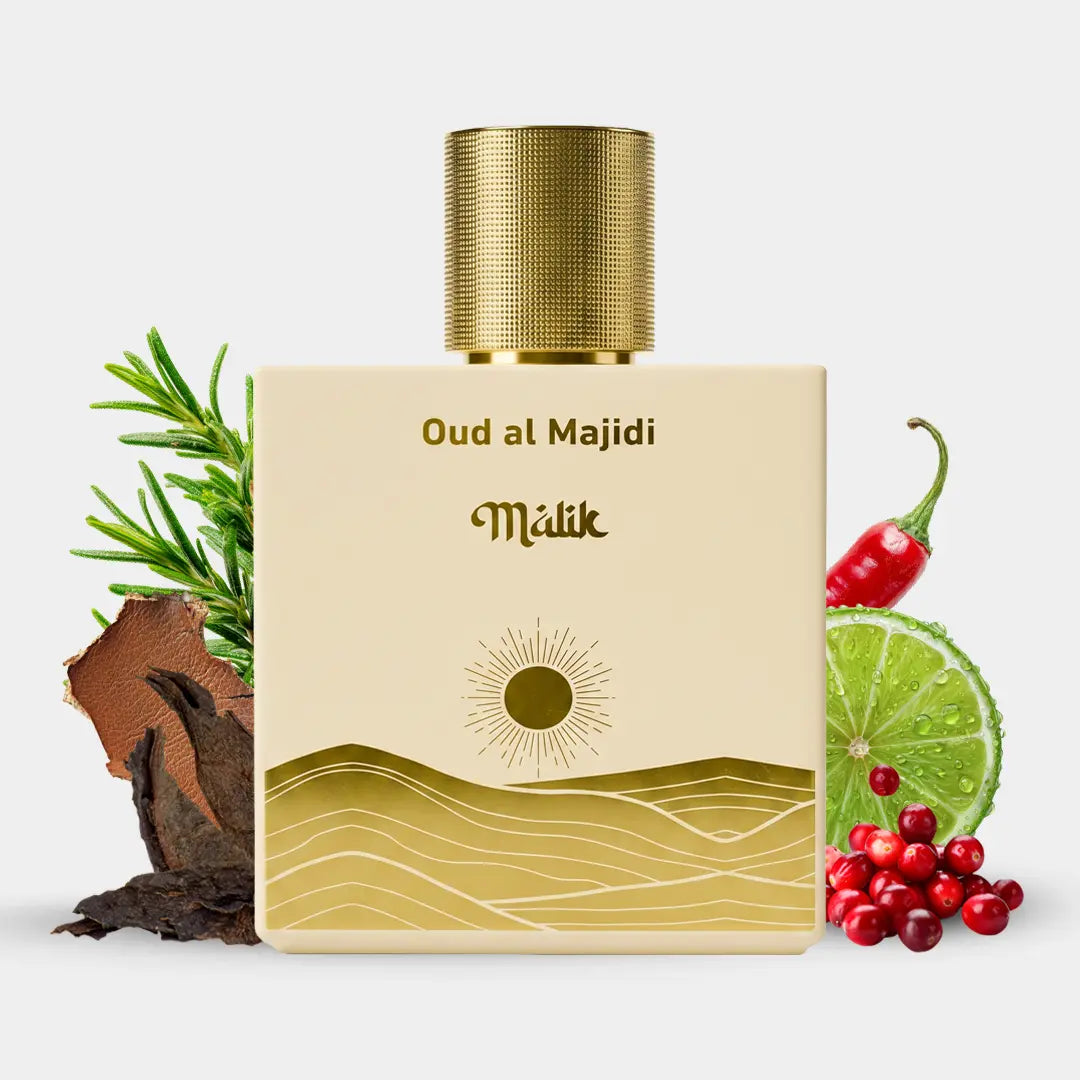 Malik Oud al Majidi perfume with rosemary, oud, chili, lime and cranberry, cream and gold desert bottle Dubai