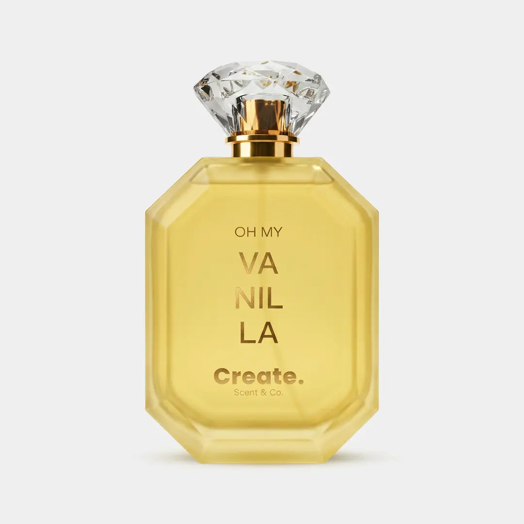 Oh My Vanilla by Create. Scent & Co., golden yellow faceted bottle with crystal cap, warm vanilla perfume UAE