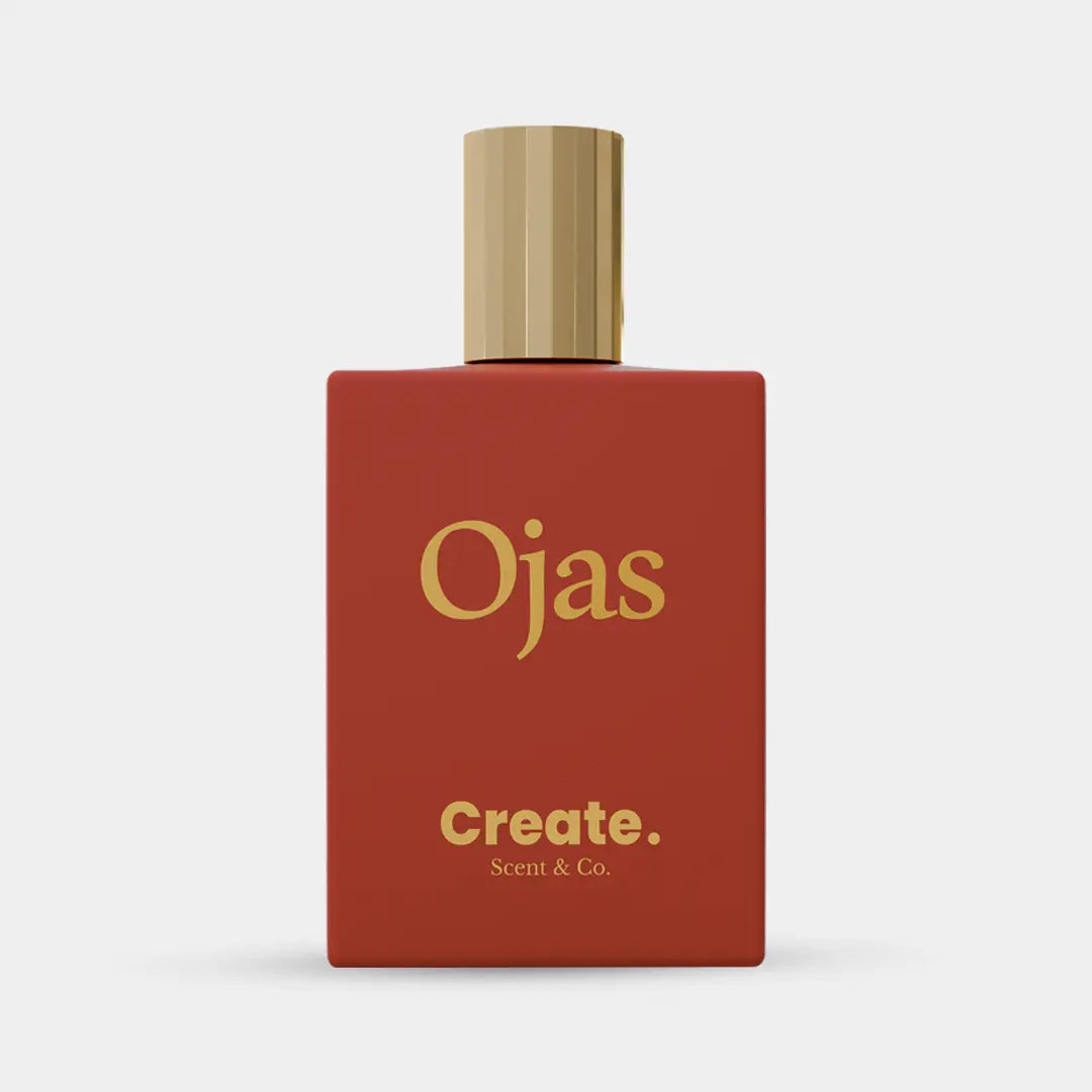 Ojas by Create. Scent & Co., matte terracotta red square bottle with gold cap, oriental spice perfume Dubai