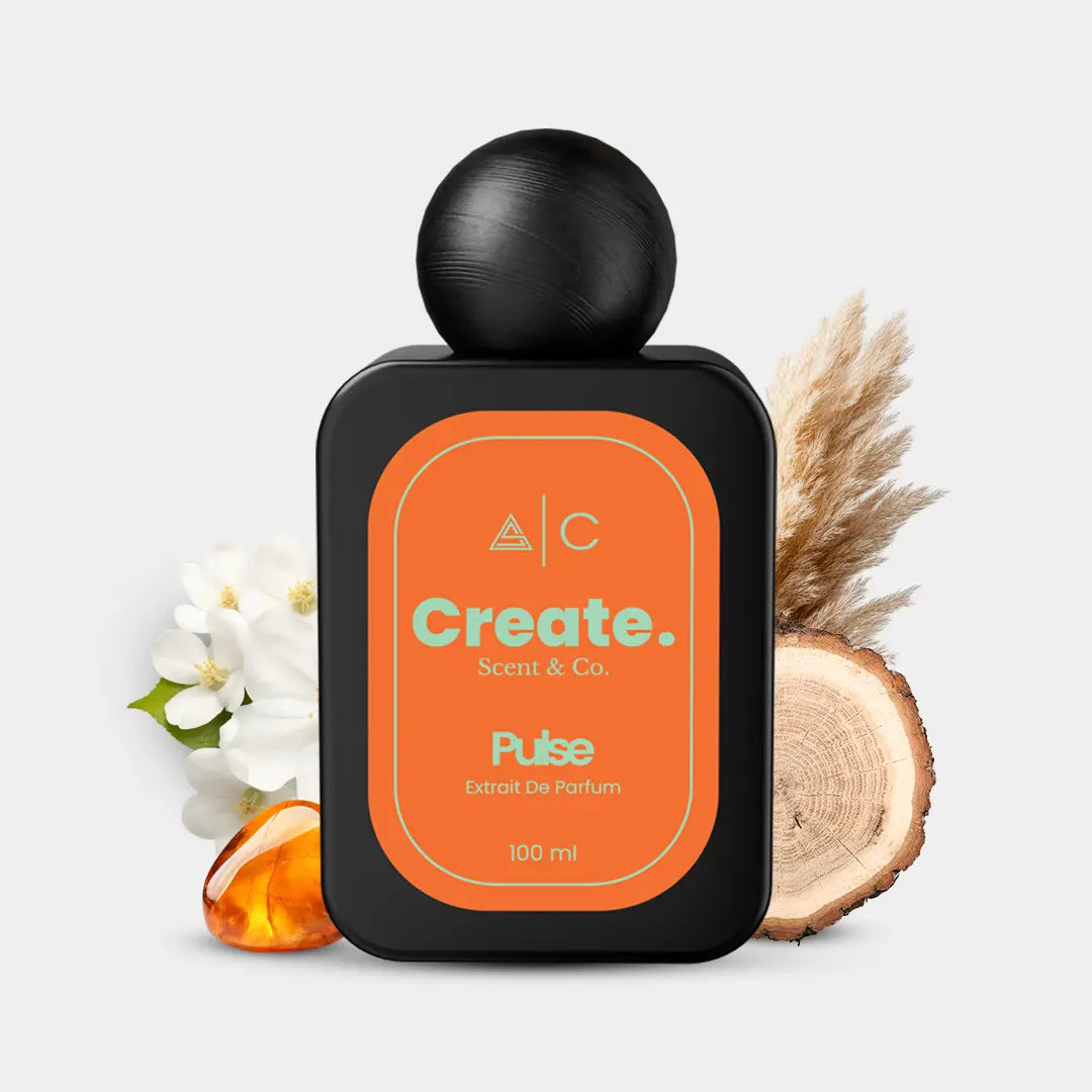 Create. Scent & Co. Pulse Extrait De Parfum 100ml with jasmine, amber, wood and pampas grass, orange label bottle