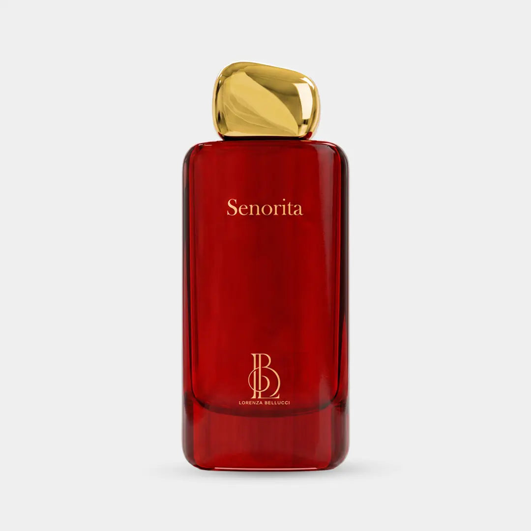 Lorenza Bellucci Senorita, deep ruby red bottle with sculpted gold cap, seductive women's fragrance UAE