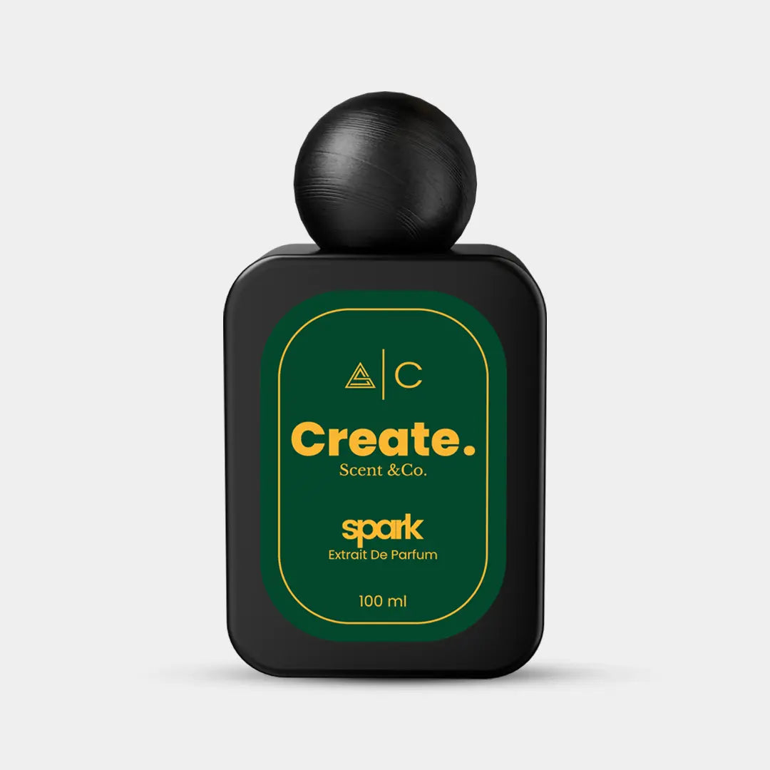Spark Extrait De Parfum 100ml by Create. Scent & Co., forest green label black bottle, sweet gourmand perfume UAE