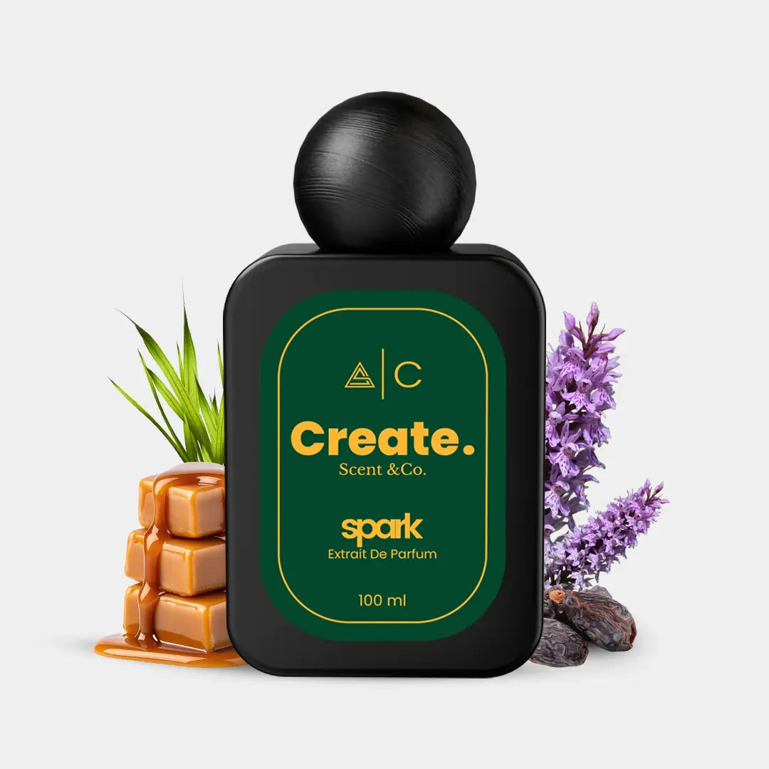 Create. Scent & Co. Spark Extrait De Parfum 100ml with caramel, lavender, dates and vetiver, dark green label bottle