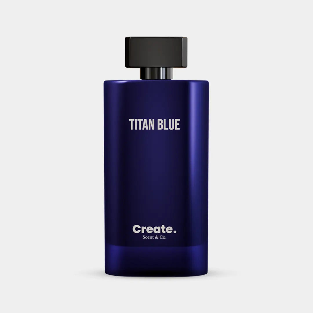 Titan Blue by Create. Scent & Co., metallic navy blue bottle black cap, fresh aquatic men's fragrance Dubai