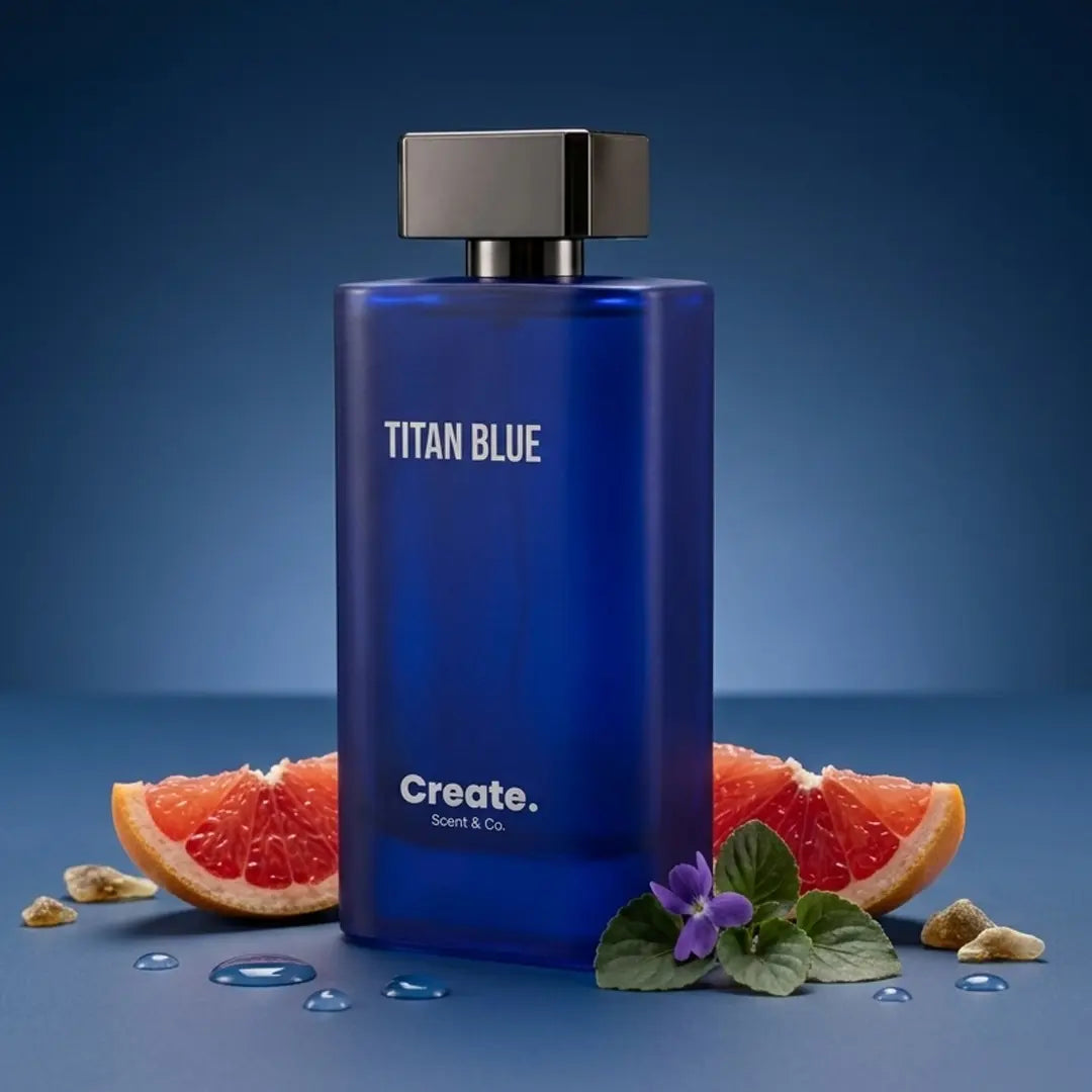 Create. Scent & Co. Titan Blue cologne with sliced grapefruit, violet leaves and water drops on a moody deep navy blue background