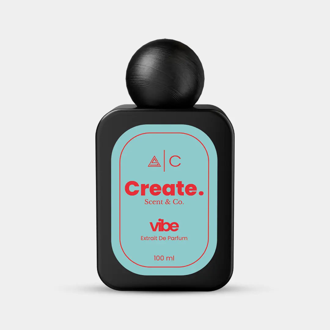 Vibe Extrait De Parfum 100ml by Create. Scent & Co., aqua teal label black bottle, citrus woody unisex perfume UAE