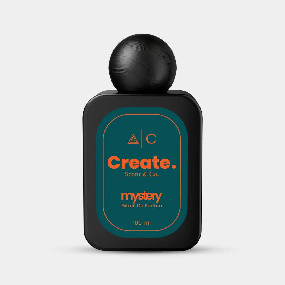 Mystery Extrait De Parfum 100ml by Create. Scent & Co., deep teal label black bottle, oud rose perfume Dubai
